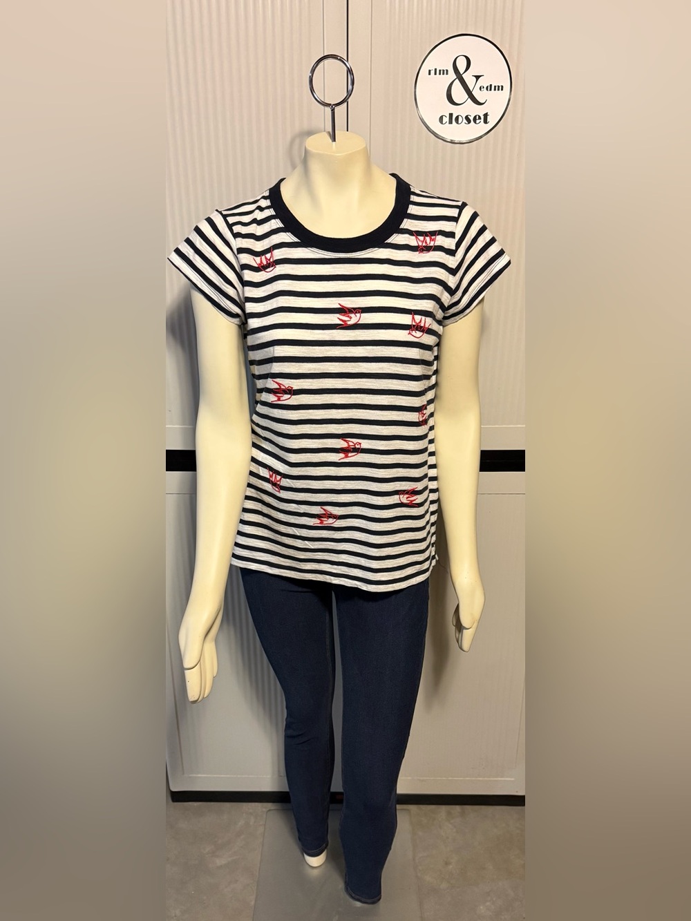 Cabi Navy and White Striped Short-Sleeve Tee with Red Bird Embroidery